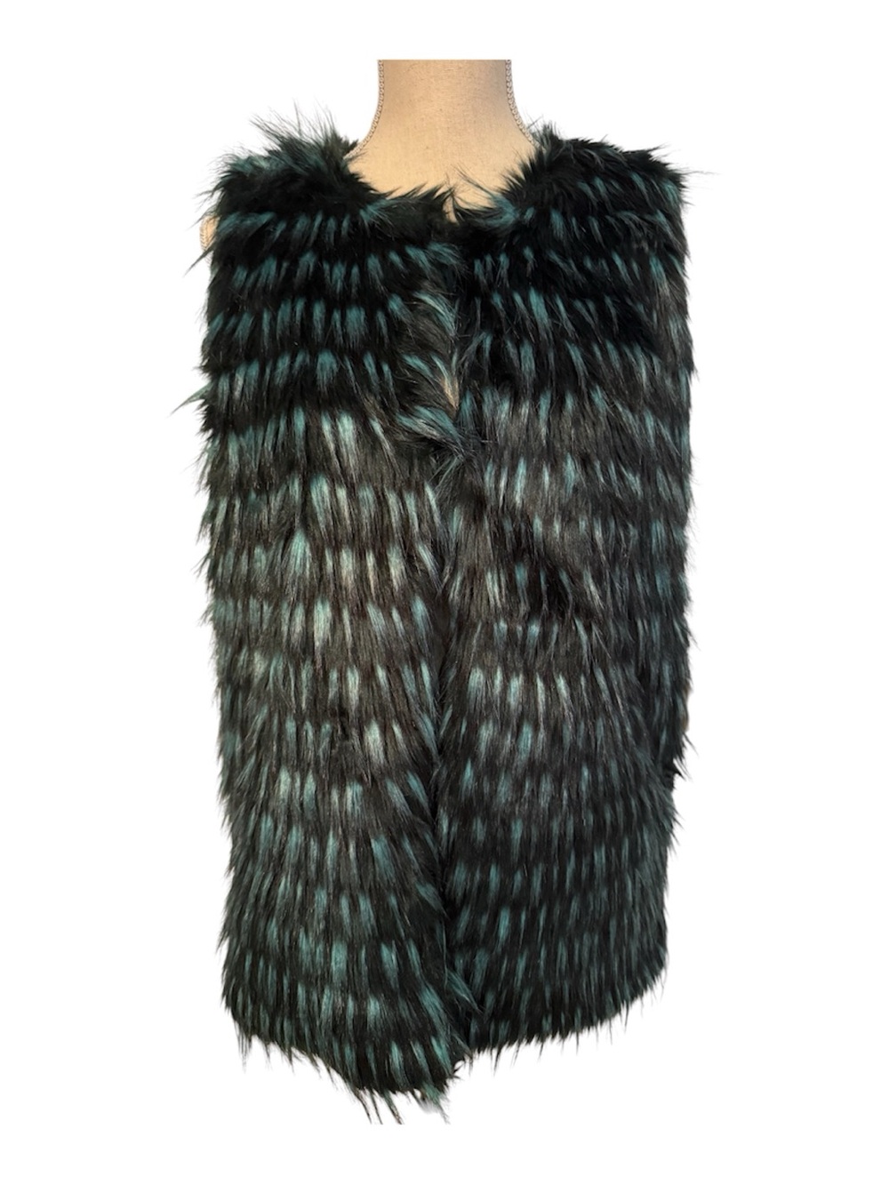 CYNTHIA ROWLEY JACKET VEST GREEN BLACK FAUX FUR POCKETS SIZE M
